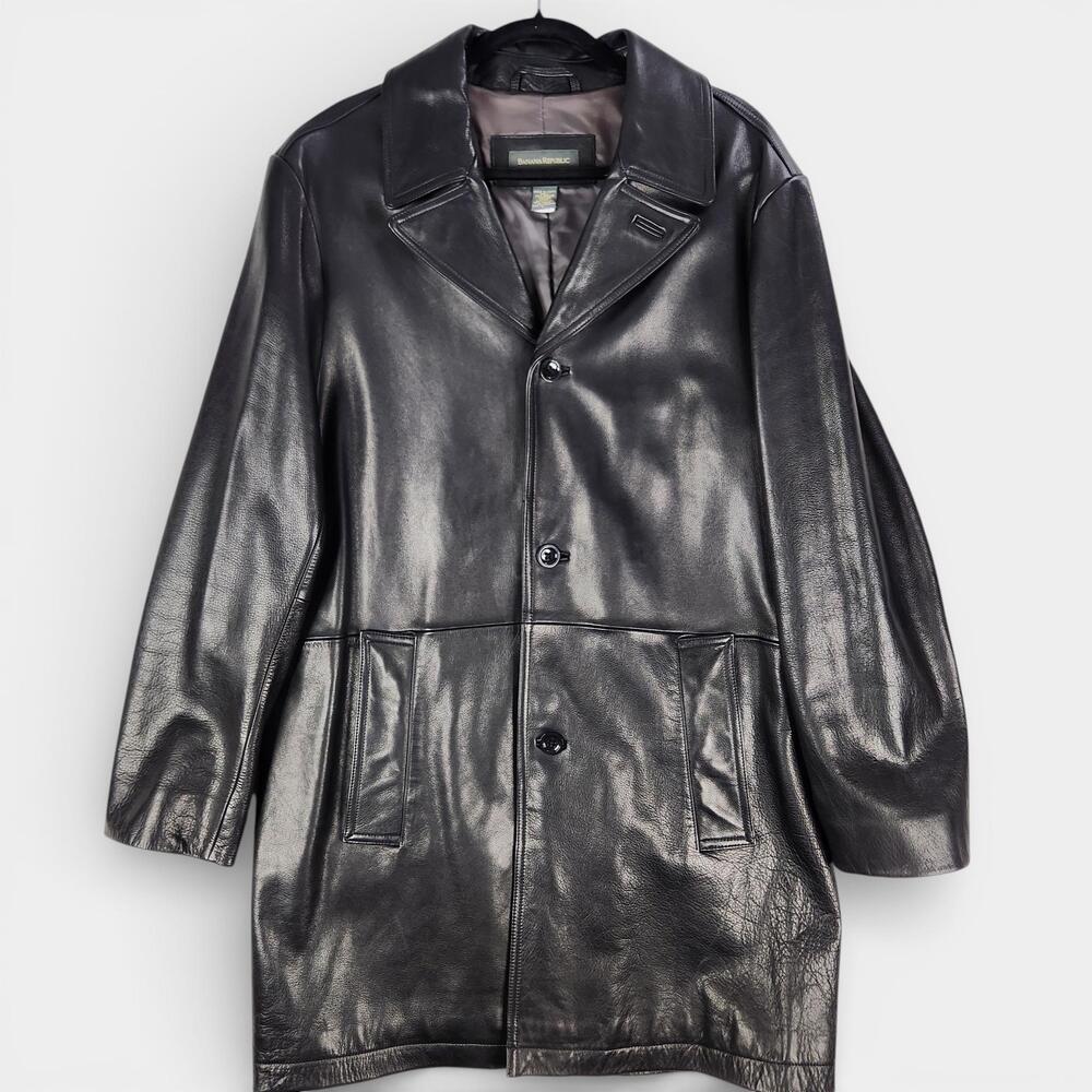 Vintage 90s Banana Republic Leather Coat Mens Large Black Overcoat Korea Fall 99